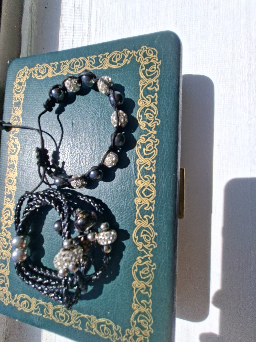 Two Black Beaded Braided Genuine Leather &  Strad Bracelet with Crystal Accents